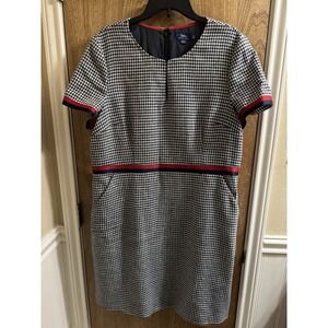 Boden British Tweed Wool Plaid Dress Navy Red Ivory US 16R Houndstooth Business